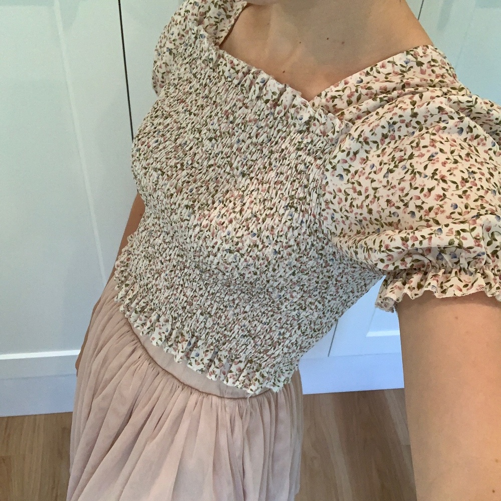 Floral Square Neck Smocked Top with Puffed Sleeves